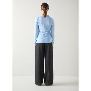 L.K. Bennett Dora Blue Plain Cotton Gathered Long Sleeve Top